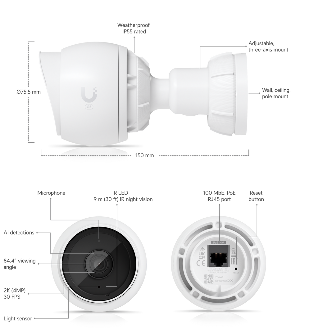 Ubiquiti UVC-G5-BULLET | G5 Bullet Camera | 2K | IP55 | PoE – Default Title